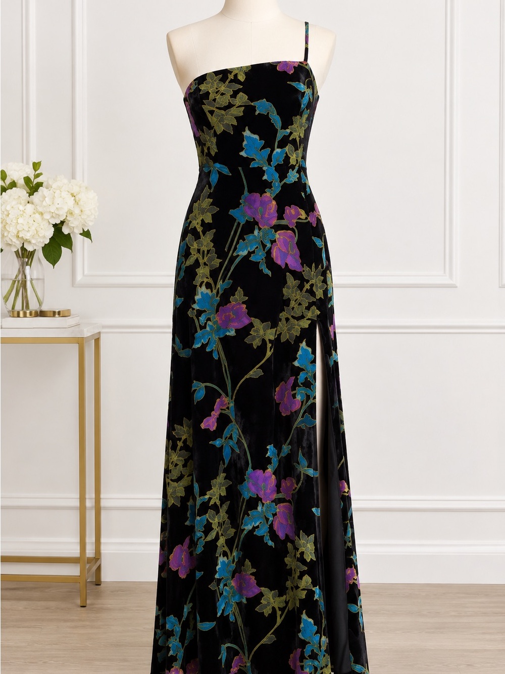 Lulu's Black Velvet Maxi Skirt with Purple & Sage Floral Print